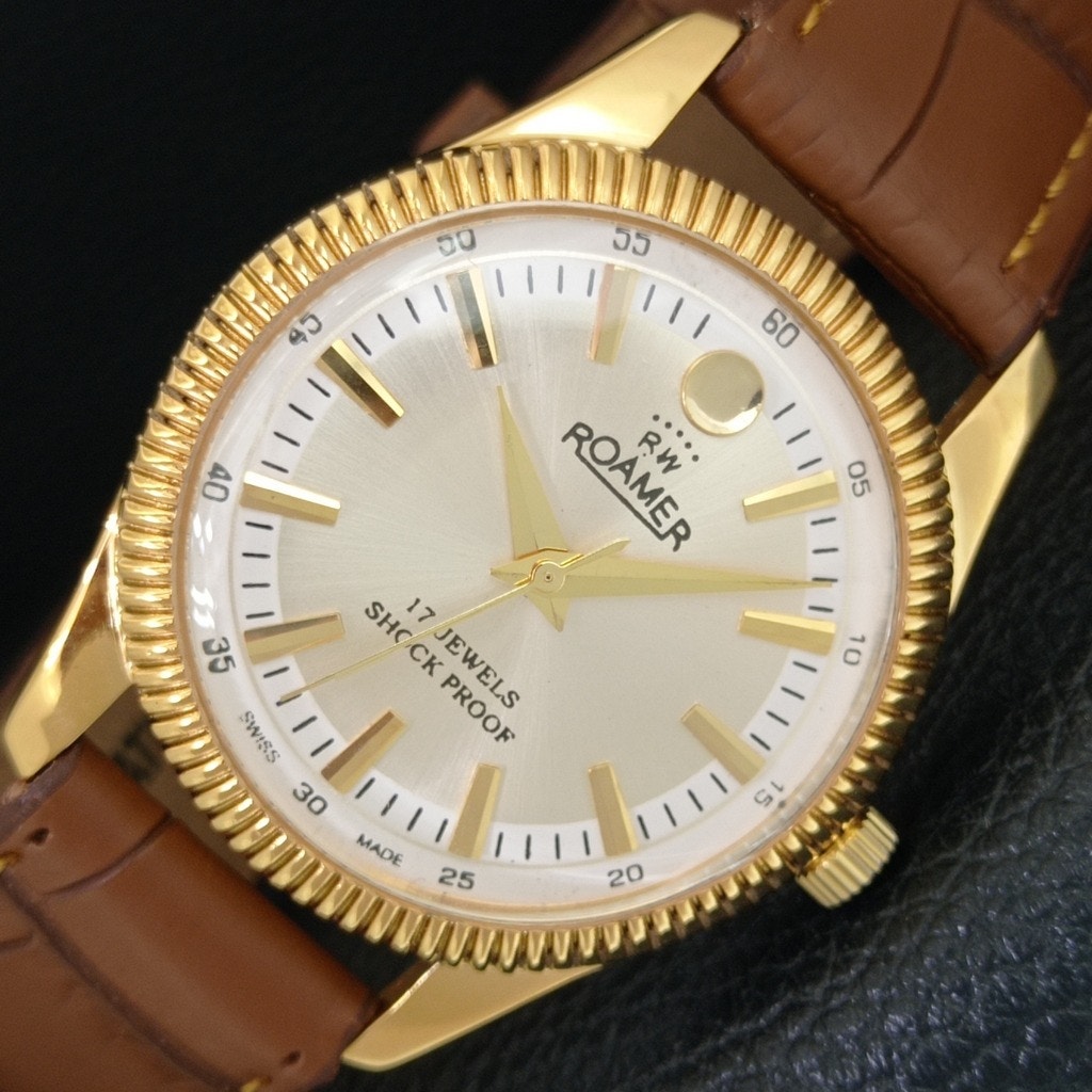 Vintage 1973 Roamer Manual Mens Gold Watch W/Leather Strap & Silver Accents